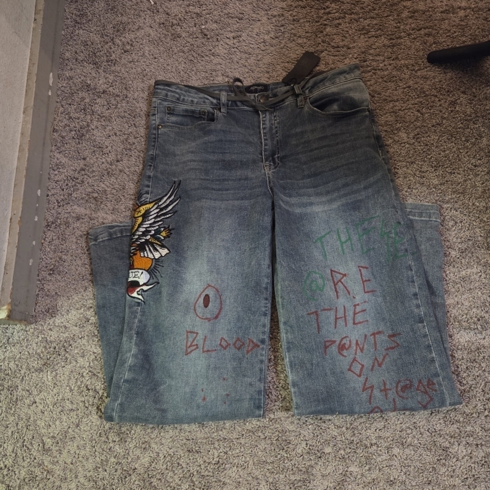 Ed Hardy Blue Jeans with Colorful Graphics